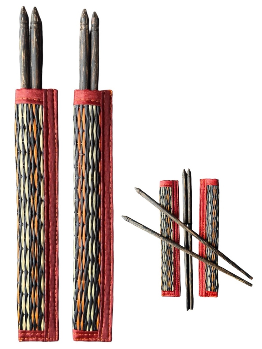 2 Pair Wooden Chopsticks Set with Decorative Woven Straw Fabric Travel Case